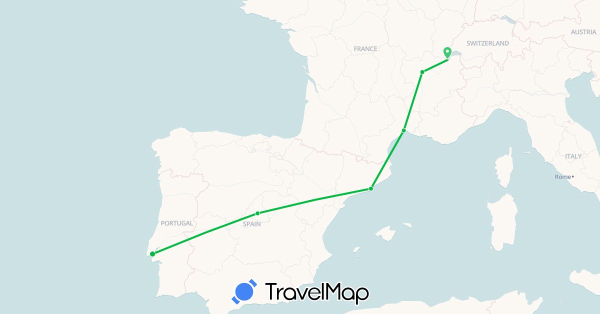 TravelMap itinerary: bus, plane in Switzerland, Spain, France (Europe)